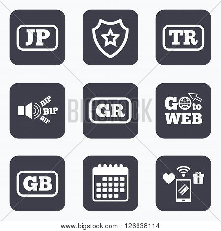 Mobile payments, wifi and calendar icons. Language icons. JP, TR, GR and GB translation symbols. Japan, Turkey, Greece and England languages. Go to web symbol.