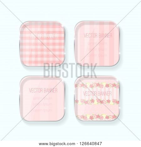 Vector banners set. pastel colors. glass elements. english style. shabby chic. pink color. Vector banner with a glass surface.  Eps