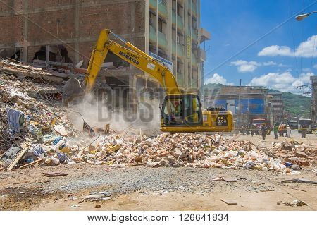 Portoviejo, Ecuador - April, 18, 2016: Building showing the aftereffect of 7.8 earthquake that destroyed the city center.