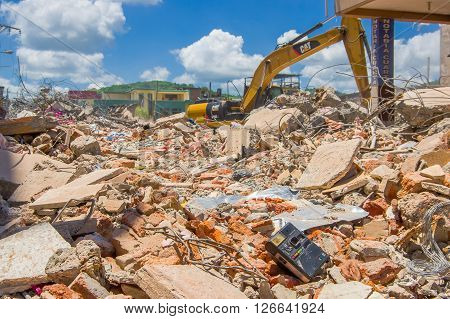 Portoviejo, Ecuador - April, 18, 2016: Building showing the aftereffect of 7.8 earthquake that destroyed the city center.