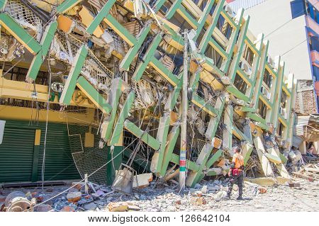 Portoviejo, Ecuador - April, 18, 2016: Building showing the aftereffect of 7.8 earthquake that destroyed the city center.