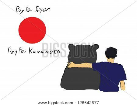 Pray for Japan and Kumamoto province for the eartquake diaster incident with unknown man hug the big bear for encourage by my own sketch drawing under the red circle of Japan flag