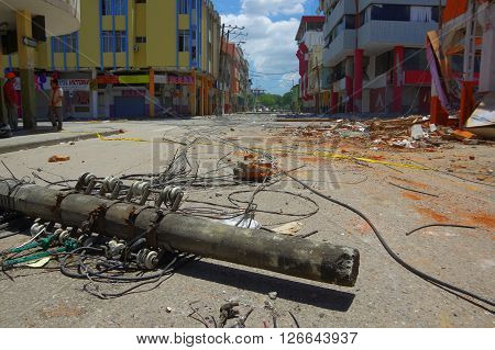 Portoviejo, Ecuador - April, 18, 2016: Building showing the aftereffect of 7.8 earthquake that destroyed the city center.