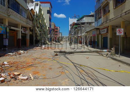 Portoviejo, Ecuador - April, 18, 2016: Sterr in the city center, showing the aftereffect of 7.8 earthquake that destroyed the province.