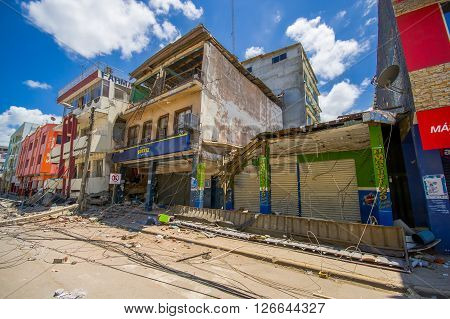 Portoviejo, Ecuador - April, 18, 2016: Building showing the aftereffect of 7.8 earthquake that destroyed the city center, and most of the Manabi province.