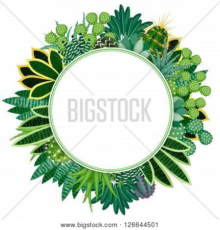 Cactus and succulents. Natural background of indoor plants isolated on white background. Round background for your text in the frame of the plants. Vector illustration.