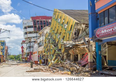 Portoviejo, Ecuador - April, 18, 2016: Building showing the aftereffect of 7.8 earthquake that destroyed the city center.