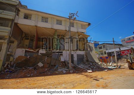 Portoviejo, Ecuador - April, 18, 2016: Building showing the aftereffect of 7.8 earthquake that destroyed the city center.