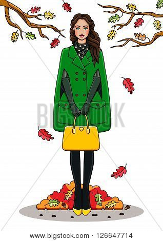 Young beautiful girl to coat stand .She keeps a bag in his hands