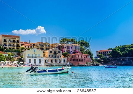 ASSOS TOWN, KEFALONIA ISLAND, GREECE - JULY 12 2015: Bay of Assos with boats and yachts.