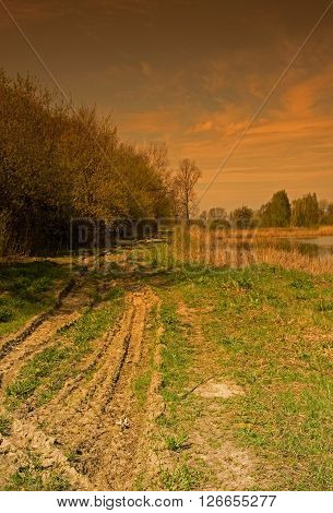 Raszyn Ponds Nature Reserve in Polandmeadowsdirty road and pond in early spring in april.Vinatage photo.Horizontal view.