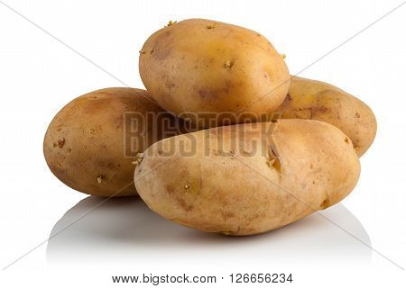 four raw potatoes on a white background