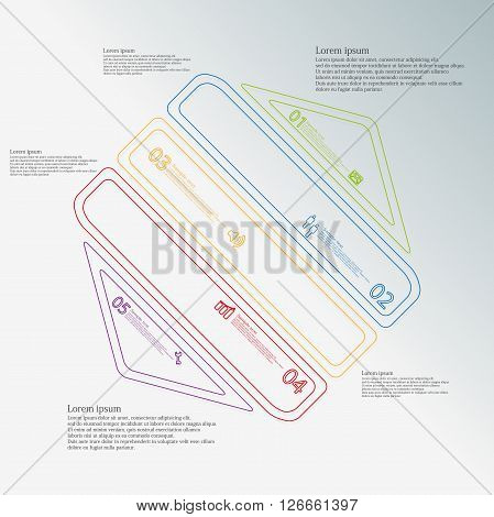 Illustration infographic template with motif of hexagon which is askew divided to five color parts created by double contour outlines. Each item contains number text and simple sign. Background is blue.