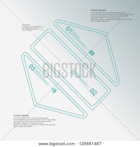 Illustration infographic template with motif of hexagon which is askew divided to three blue parts created by double contour outlines. Each item contains number text and simple sign. Background is light.