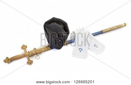 symbols of Freemasonry in front of white background