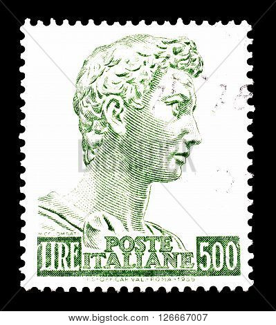 ITALY - CIRCA 1971 : Cancelled postage stamp printed by Italy, that shows Head of the statue of St. George, by Donatello.