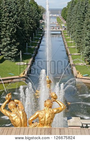 Peterhof, Russia - June 27, 2008: Gold Plated Sculptures By Fountains Grand Cascade In Pertergof, Sa