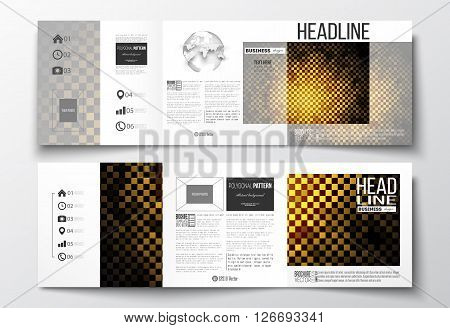 Vector set of tri-fold brochures, square design templates with element of world globe. Abstract polygonal background, modern stylish sguare design golden vector texture.