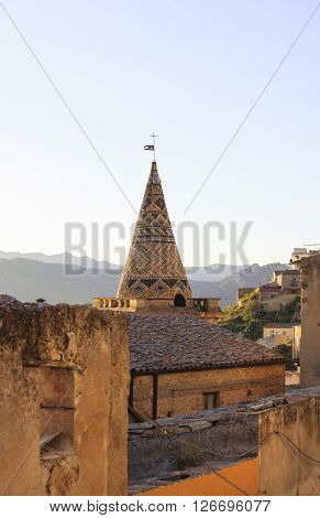 View of the Bell tower of Mother church in Leonforte Italy