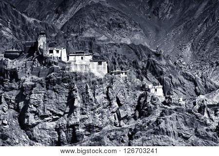 Night shot of ruins and Basgo Monastery surrounded with stones and rocks Leh Ladakh Jammu and Kashmir India
