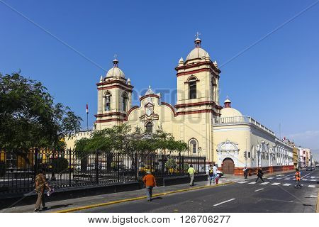 TRUJILLO PERU -AUGUST 3: Historic Church San Agusti­n in the Spanish colonial city on august 3 2112 in Trujillo Peru.