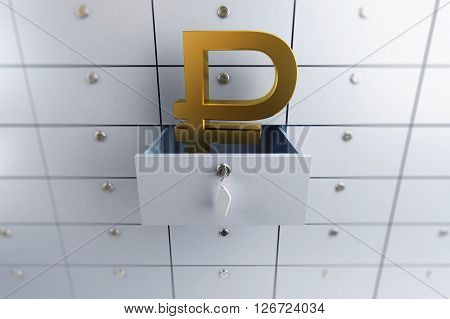 ruble sign opened empty bank deposit cell . 3D illustration