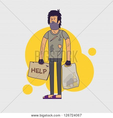 Dirty homeless in need of help and work. Shaggy unemployed man wearing dirty rags and with a plastic bag with empty bottles. Vector illustration. Linear flat style
