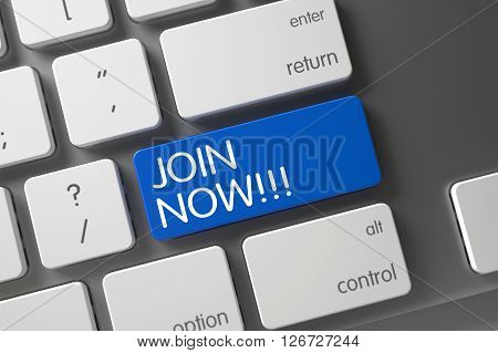 Concept of Join Now, with Join Now on Blue Enter Key on Computer Keyboard. Keypad Join Now on Metallic Keyboard. Blue Join Now Keypad on Keyboard. 3D Render.
