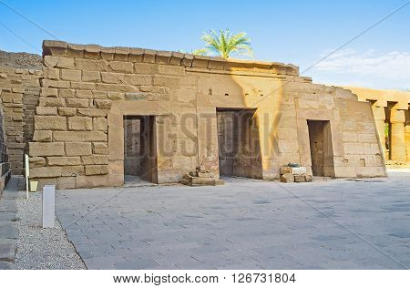 The ruins of the tiny Temple of Seti II (Sethos) located in the courtyard between first and second Pylon of Karnak Temple in Luxor Egypt.