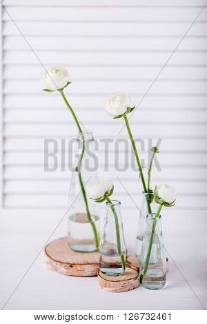 Four white buttercups in small glass bottles standing in the wooden rollers with white shutter in the background