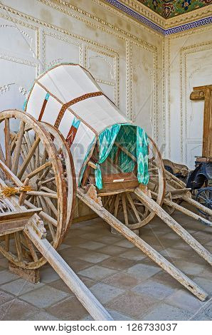KOKAND UZBEKISTAN - MAY 6 2015: The Khan's carriage in the courtyard of Khudayar Khan Palace on May 6 in Kokand.