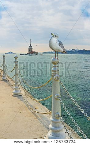 The view on the Maiden's Tower from the Uskudar embankment Istanbul Turkey.