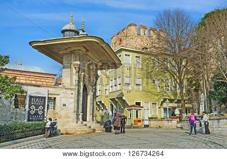 ISTANBUL TURKEY - JANUARY 21 2015: The scenic gate of the Carpet Museum is the fine example of the medieval Turkish architecture on January 21 in Istanbul.