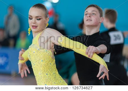 Minsk Belarus -April 3 2016: Mironovich Maksim and Akulich Anastasiya Perform Youth Latin-American Program on IDSA Championship Kinezis Star Cup - 2016 in April 3 2016 Minsk Republic of Belarus