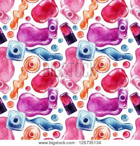Watercolor nail polish seamless pattern. Shimmering nail polish. Beauty product background. Hand painted illustration for fashionable design.