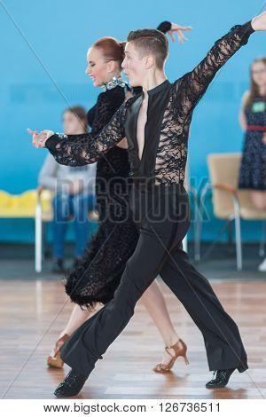 Minsk Belarus -April 3 2016: Stahovich Timofey and Grinchik Anna Perform Juvenile-2 Latin-American Program on IDSA Championship Kinezis Star Cup - 2016 in April 3 2016 in Minsk Republic of Belarus