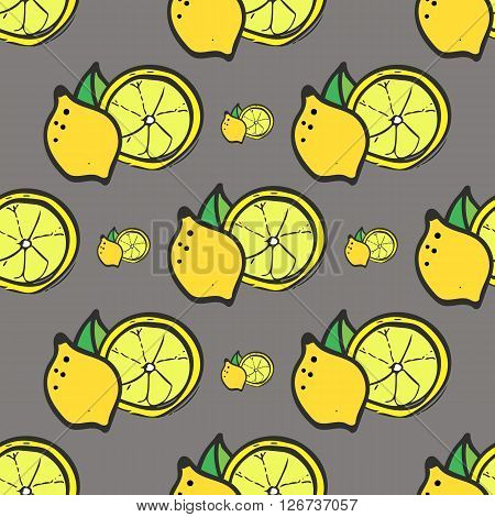 Bright yellow fresh lemon vector seamless pattern on a grey background.