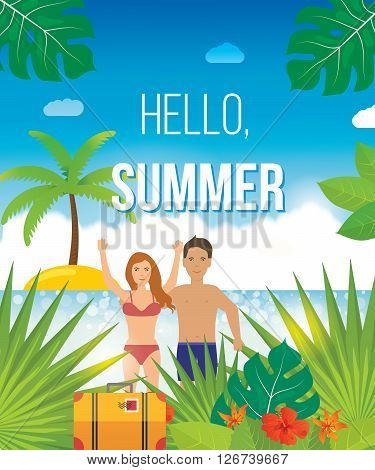 Young couple relaxing on a tropical beach. People on summer beach. Summer people on the sand beach fun vacation