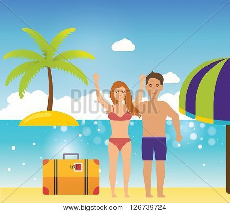 Young couple relaxing on a tropical beach. People on summer beach. Summer people on the sand beach fun vacation