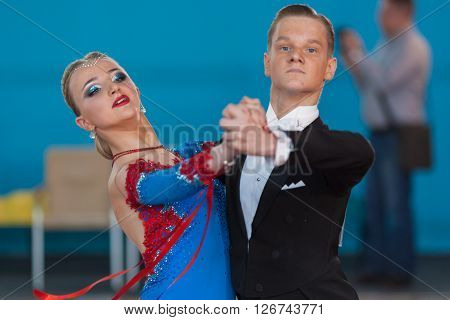 Minsk Belarus -April 3 2016: Prohorenko Dmitry and Rymchenok Valeriya Perform Youth-2 Standard Program on the IDSA Championship Kinezis Star Cup in April 3 2016 in Minsk Republic of Belarus
