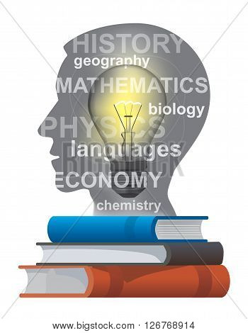 Stylized male head silhouette with textbooks. Vector illustration.