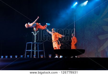 BRNO, CZECH REPUBLIC-APRIL 11,2016: Show The Mystical Powers of The Shaolin Monks of China on April 11 ,2016 in City Hall Vodova in  Brno in Czech Republic