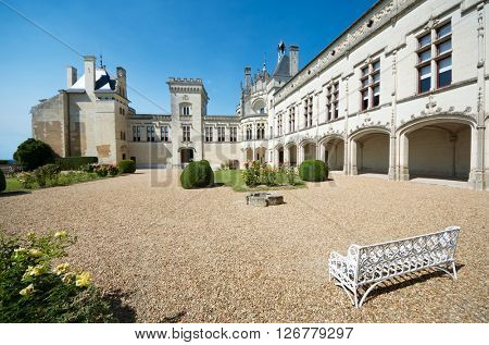 Castle courtyard Breze, Loire Valley, France. Built between the 11th and 19th centuries, it houses an extraordinary subterranean complex, a castle in a castle.