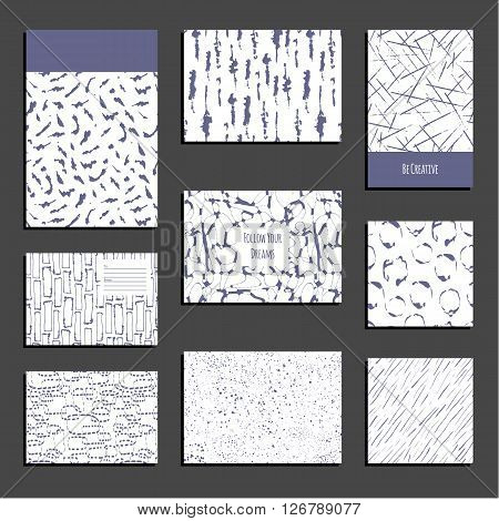 Set of universal card templates. Modern design for birthday, wedding, corporate identity, thank you card, postcard, invitation. Trendy hipster style. Artistic vector violet pattern on white background