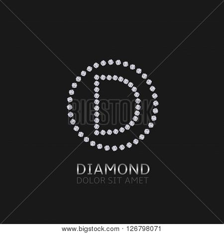 D Letter with diamonds. Expensive, presious symbol. Luxury logo
