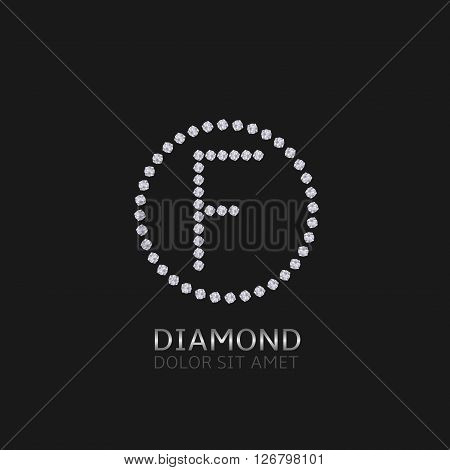 F Letter with diamonds. Expensive, presious symbol. Luxury logo