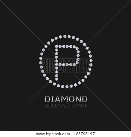 P Letter with diamonds. Expensive, presious symbol. Luxury logo