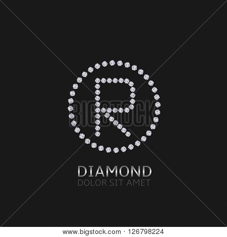 R Letter with diamonds. Expensive, presious symbol. Luxury logo