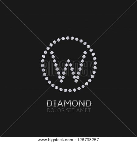 W Letter with diamonds. Expensive, presious symbol. Luxury logo