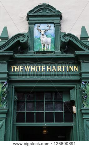 EDINBURGH SCOTLAND - MARCH 10TH 2016: A detail of the facade of The White Hart Inn public house on Grassmarket in Edinburgh on 10th March 2016.